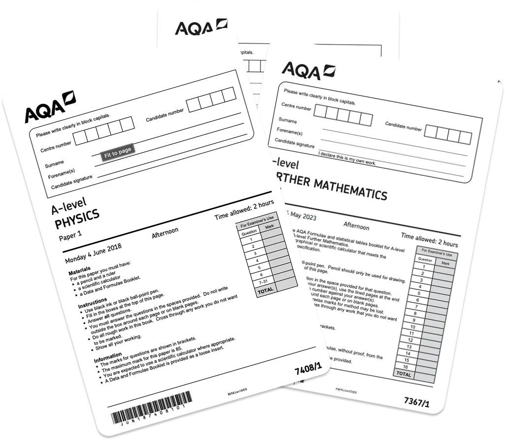 Stack of A-level AQA Physics and Further Mathematics exam papers
